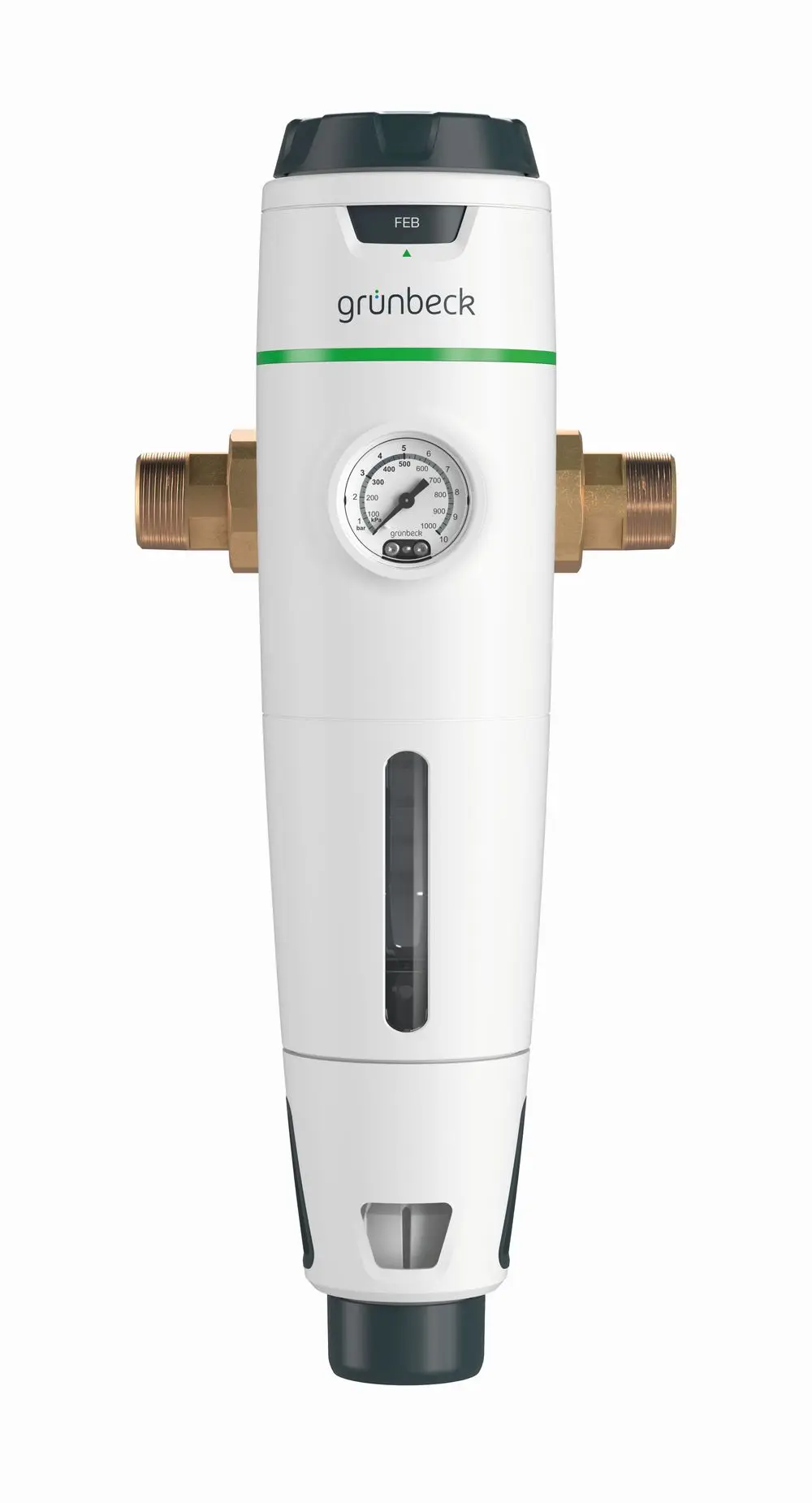 Weißer Rückspülfilter von Grünbeck mit Druckminderer, Manometer und transparentem Sichtfenster zur Überprüfung des Filtersstatus. Anschlüsse an der Seite vorhanden.